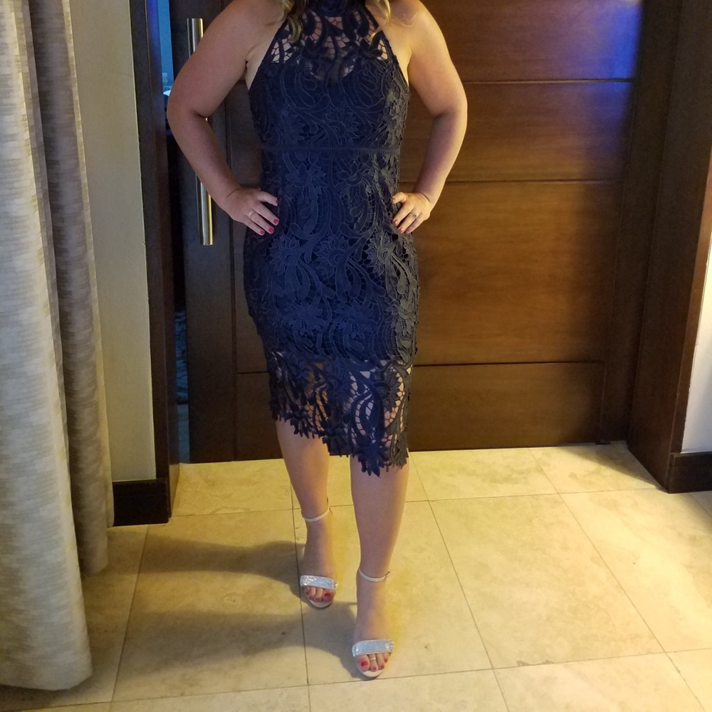 Mock neck navy blue lace Bardot Dress